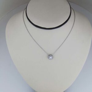 18k round brilliant cut diamond with diamond halo pendant