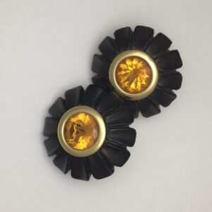 Antonia Miletto hand carved ebony earrings with citrine centres set in 18kt yellow gold