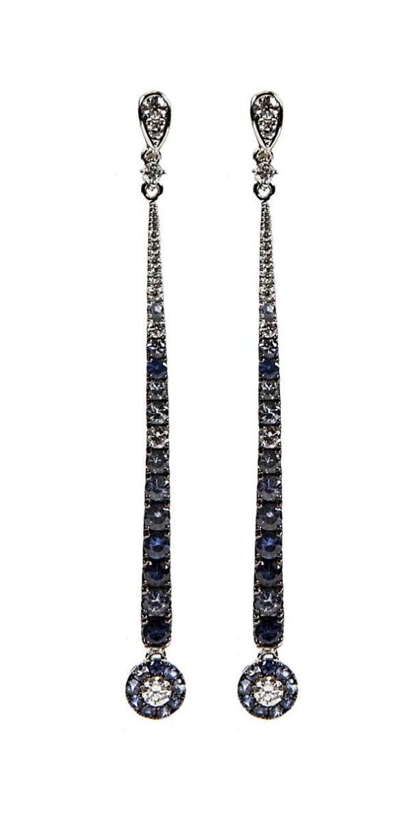 18k wg, diamond and various shades of blue sapphire long stick earrings. Dia=0.65, Sapphire=1.96