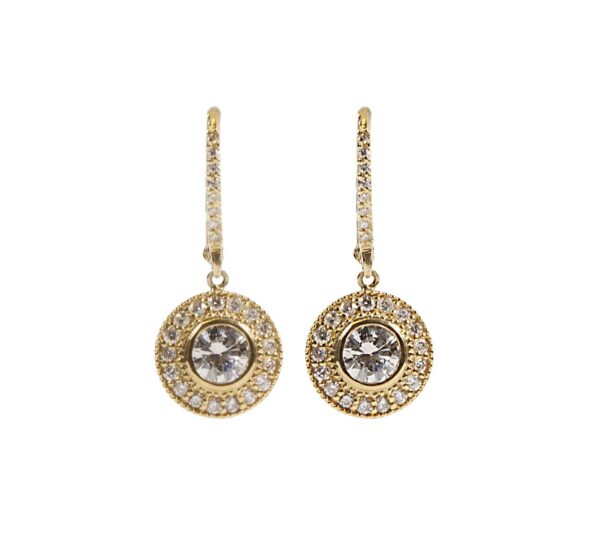 18k yellow gold and diamond bezel set drop earrings