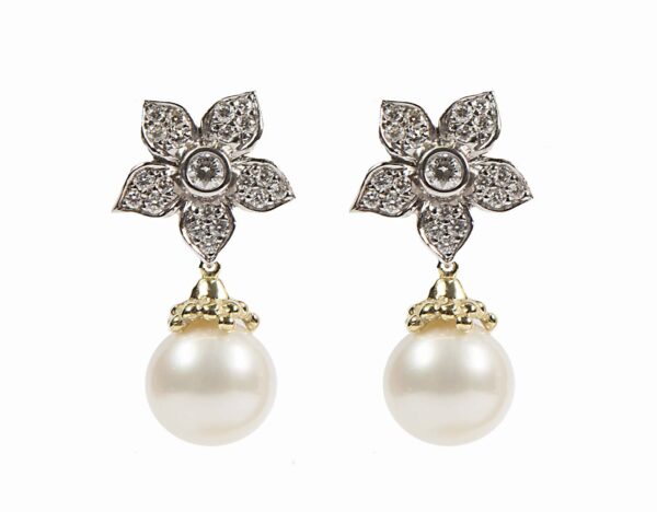 18K wg and pave dia flower earrings 1.00cts. detachable 18K Yg and fresh water pearl drops