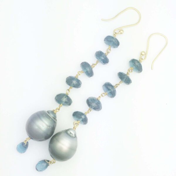 18k London Blue Topaz and Tahitian pearl drop earrings