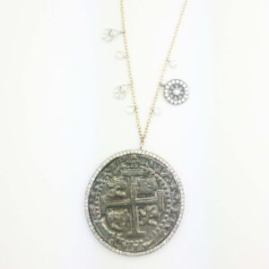 18k large silver coin necklace with diamond accents