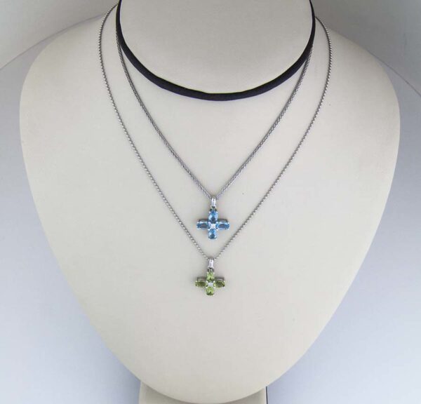 18k dainty semi precious cross necklaces ...one blue topaz and one peridot