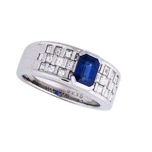 Platinum, dia and blue sapphire ring. Dia 1.65cts, BS=1.18cts