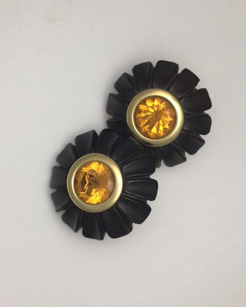 Antonia Miletto hand carved ebony earrings with citrine centres set in 18kt yellow gold