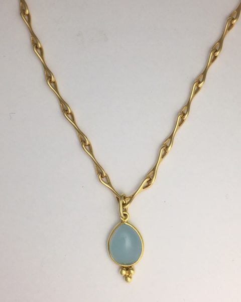 Handmade 18k yellow gold infinity chain 18inches with Drop milky aqua pendant